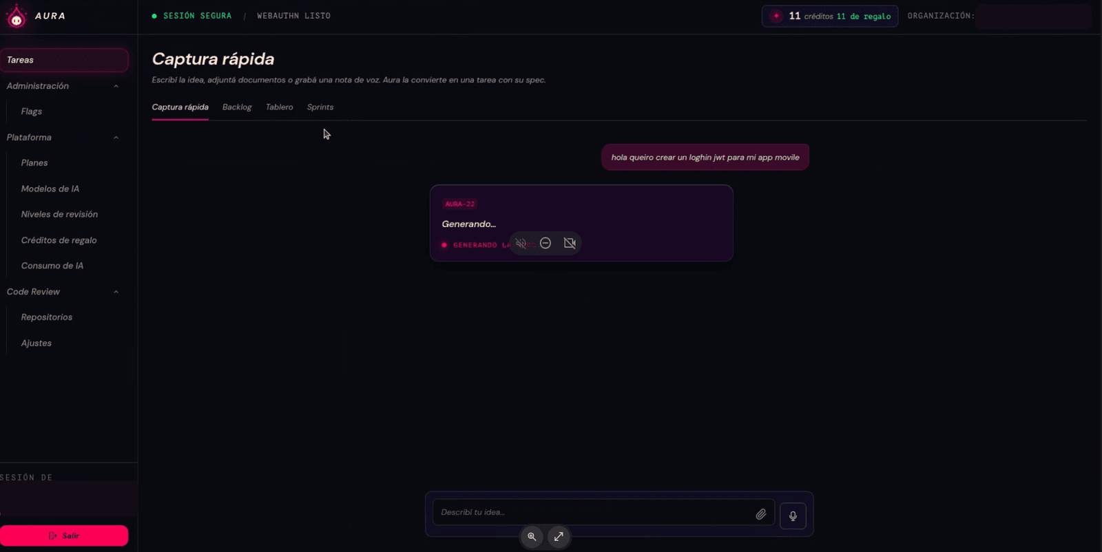 Quick capture of an idea in AURA Spec