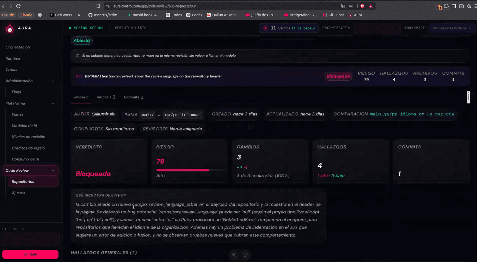 Veredicto de AURA Review sobre un Pull Request con riesgo, hallazgos y explicación